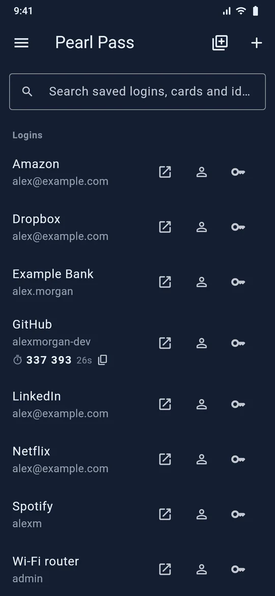 Every login in one list, with copy buttons and live 2FA codes