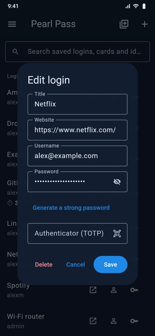 Open a login to view or edit it — the password stays hidden until you ask